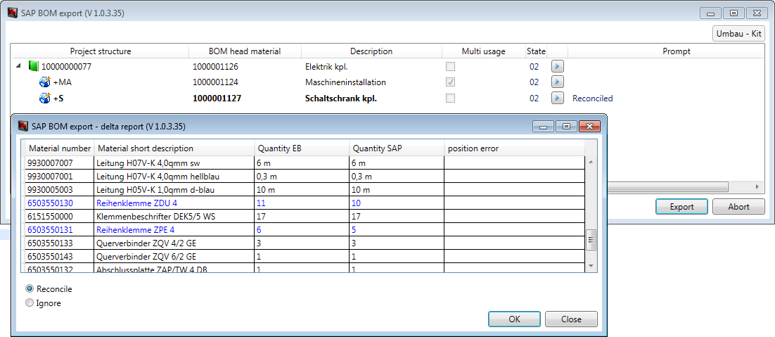 Dialog for BOM export with delta report Dialog for BOM export with delta report